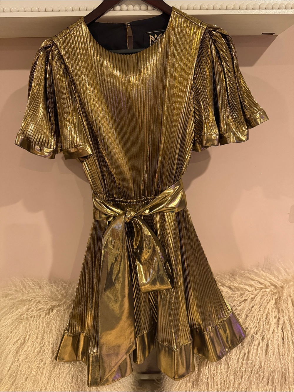 Milly Metallic Gold Pleated Party Dress with Waist Tie